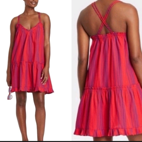 American Threads Red & Purple Striped Baby Doll Tiered Beach Dress XL Cottage - Picture 2 of 7